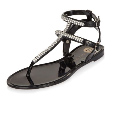 Girls black diamant&#233; jelly sandals